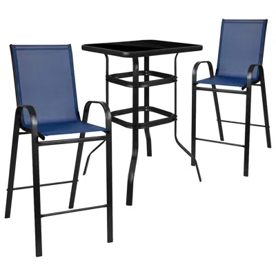 Flash Furniture Dining Set - 2-person Bistro Set - Brazos Glass Bar Table With Navy Patio Stools In Blue