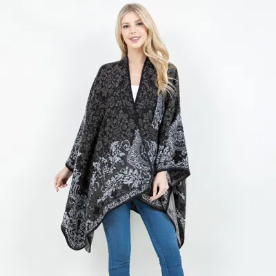 Truedames Open Front Baroque Floral Border Print Shawl Wrap Poncho With Loop In Multi