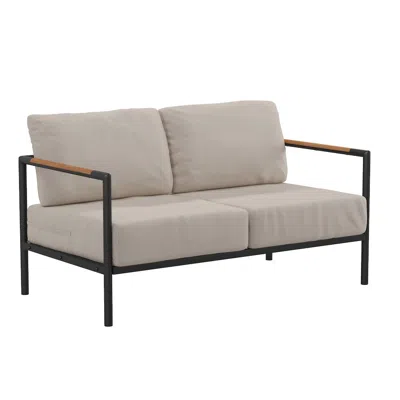 Flash Furniture Patio Loveseat With Cushions With Teak Accent Arms, Black With Beige Cushions In Neutral