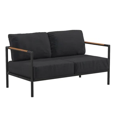 Flash Furniture Patio Loveseat With Cushions With Teak Accent Arms, Black-charcoal Cushions In Black