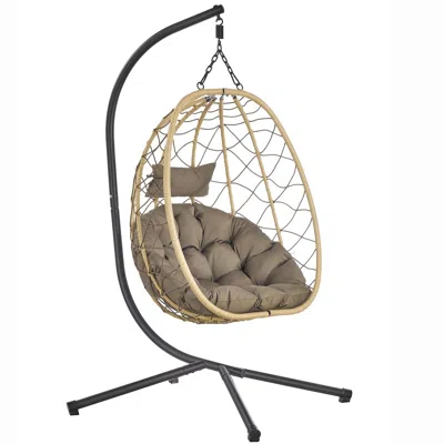 Leisuremod Summit Series Outdoor Egg Swing Chair In Brwon With Bown Cushions