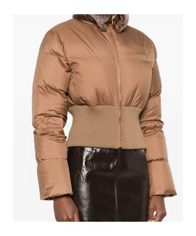 Fendi Short Padded Down Jacket With Shearling Collar Clothing In Brown