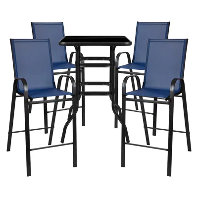 Flash Furniture Dining Set - 4-person Bistro Set - Brazos Glass Bar Table With Navy Patio Stools In Blue