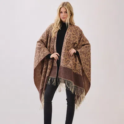 Truedames Leopard Pattern Fringe Poncho Wrap In Brown