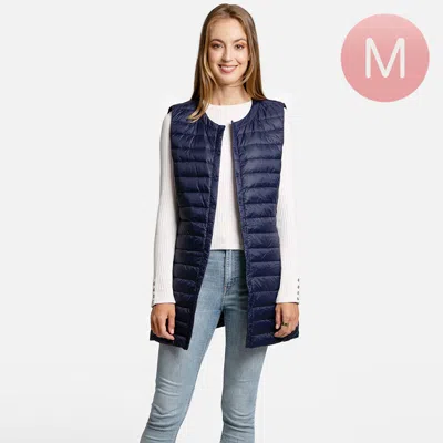 Truedames Solid Light Long Puffer Front Pockets Button Vest In Blue