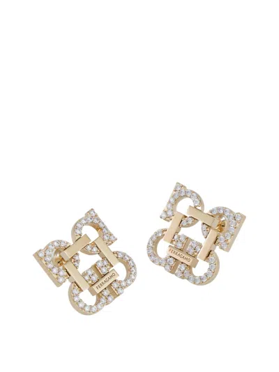 Ferragamo Crystal Embellished Four Gancini Clip On Earrings In Gold