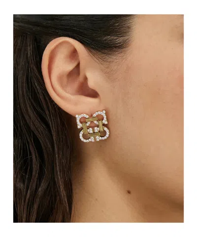 Ferragamo Crystal Embellished Four Gancini Clip On Earrings In Gold