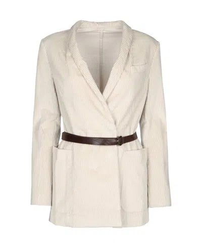 Brunello Cucinelli Waist Belted Jacket With Pockets And Lapel In Neutral