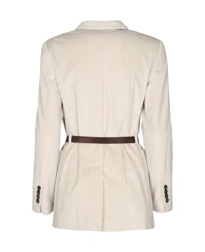 Brunello Cucinelli Waist Belted Jacket With Pockets And Lapel In Neutral