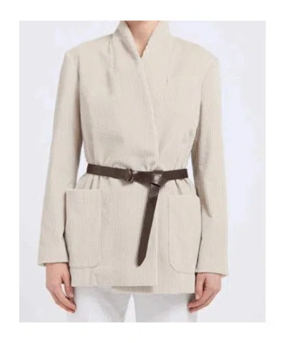 Brunello Cucinelli Waist Belted Jacket With Pockets And Lapel In Neutral