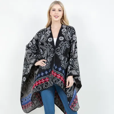 Truedames Open Front Boho Floral Paisley Pattern Shawl Wrap Poncho With Loop In Black