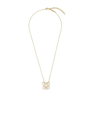 Ferragamo Crystal Embellished Four Gancini Pendant Necklace In Gold