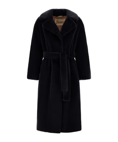 Herno Long Coat With Belted Waist And Notched Lapels In Black