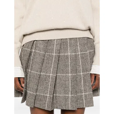 Brunello Cucinelli Mini Skirt With Belted Waist And Check Pattern In Gray