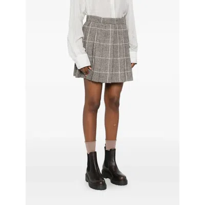 Brunello Cucinelli Mini Skirt With Belted Waist And Check Pattern In Gray