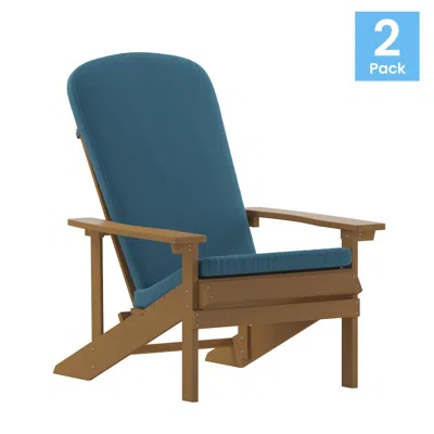 Flash Furniture Set Of 2 Adirondack Chairs In Teak With Teal Cushions For Deck, Porch, And Patio In Blue
