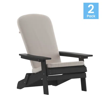 Flash Furniture Set Of 2folding Adirondack Chairs In Black With Cream Cushions, Porch, And Patio In Neutral