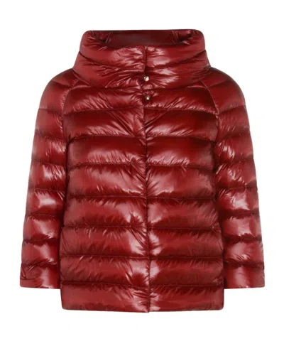 Herno Long Shiny Quilted Down Jacket With High Collar In Red