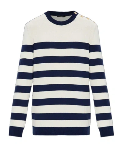 Balmain Striped Crew Neck Long Sleeve Sweater In White