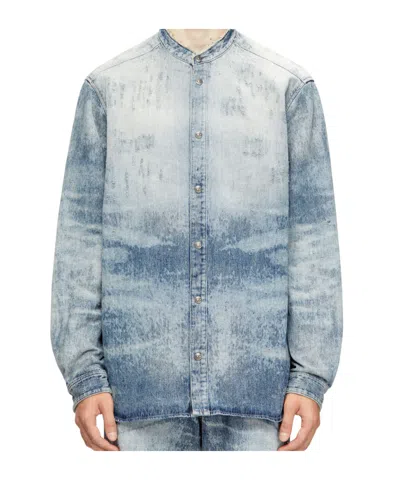 Diesel Denim Long Sleeve Shirt With Mandarin Collar In Blue