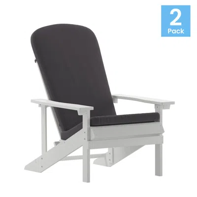 Flash Furniture Set Of 2 Adirondack Chairs In White With Gray Cushions, Porch, And Patio In Black