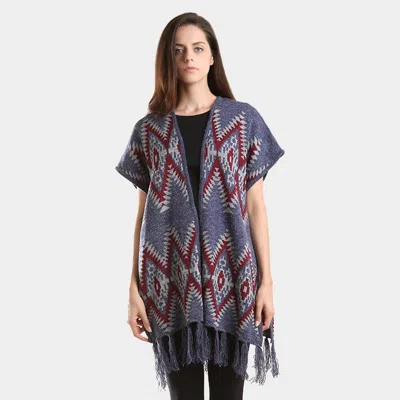 Truedames Aztec Chevron Pattern Tassel Edge Shawl Sweater In Multi