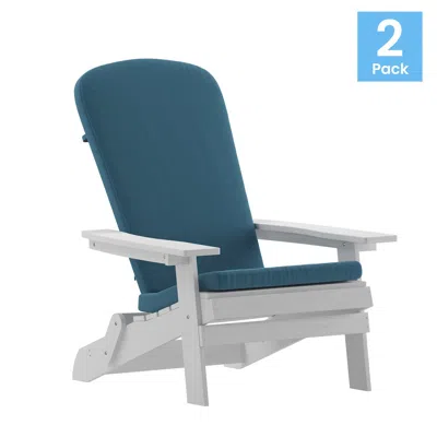 Flash Furniture Set Of 2folding Adirondack Chairs In White With Teal Cushions, Porch, And Patio In Blue