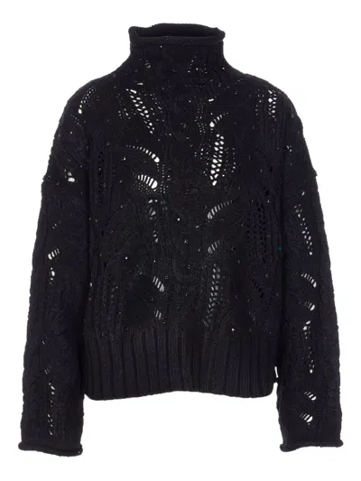 Liu •jo Openwork High-neck Sweater In Black