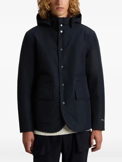 Woolrich Hooded Buttoned Jacket In Blue