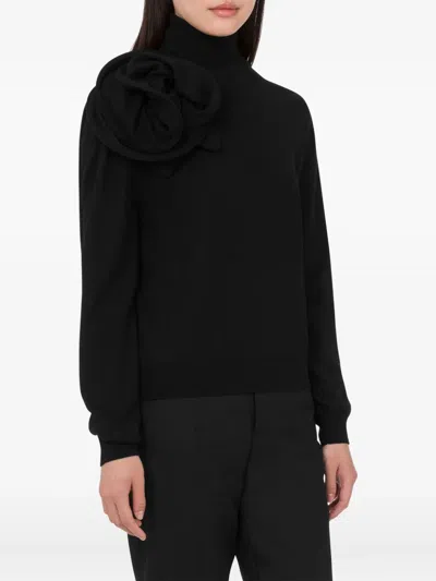 Moschino Black Turtleneck Sweater With Flower Detail In Black