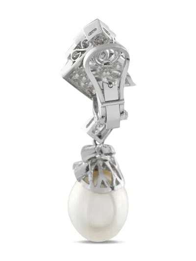 Pre-owned Lb Exclusive 18k White Gold Diamond And Pearl Earrings In Silver