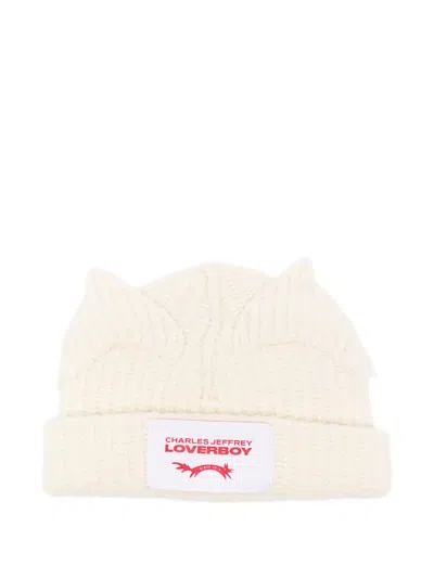 Charles Jeffrey Loverboy Mens Chunky-ear Logo-patch Knitted Wool-blend Beanie Hat Ecru In White