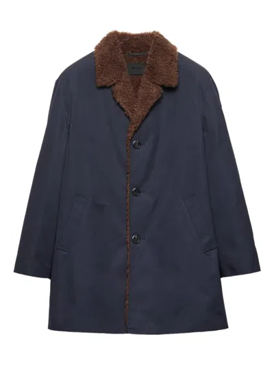 Prada Notch-lapel Shearling-collar Coat In Blue