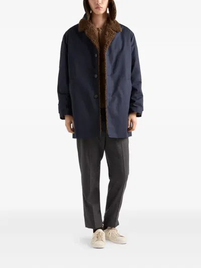 Prada Notch-lapel Shearling-collar Coat In Blue