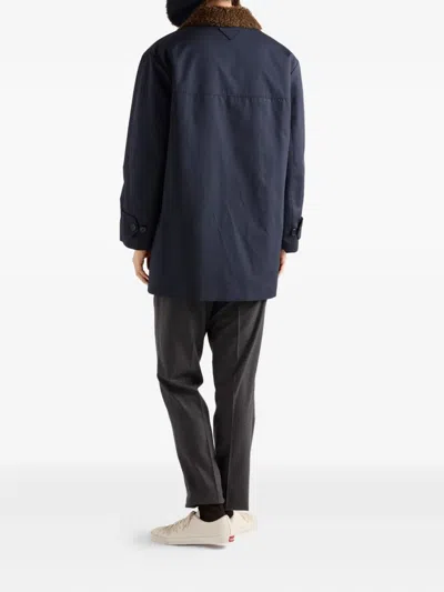 Prada Notch-lapel Shearling-collar Coat In Blue