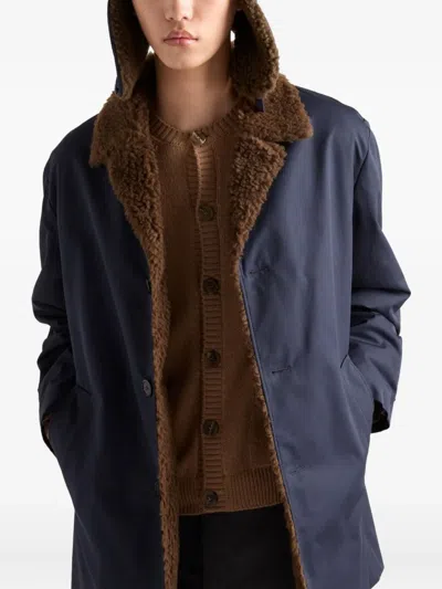 Prada Notch-lapel Shearling-collar Coat In Blue