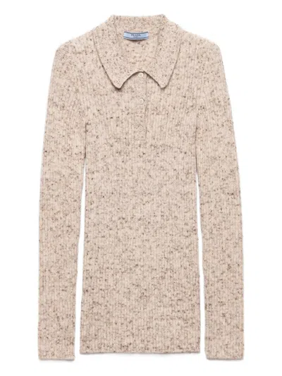 Prada Speckled Wool-linen Rib Polo Sweater In Neutral