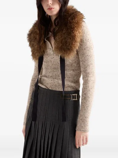 Prada Speckled Wool-linen Rib Polo Sweater In Neutral