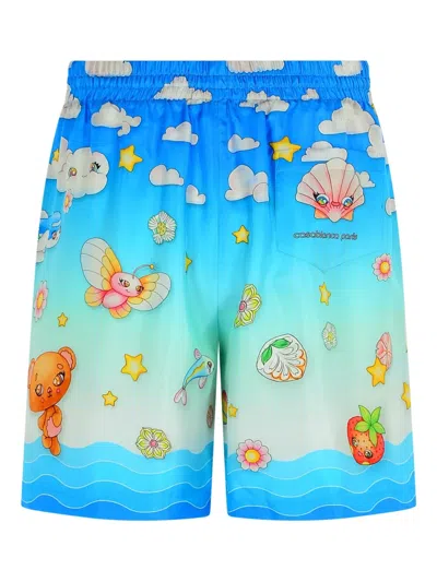 Casablanca Kawaii Silk Bermuda Shorts And Pockets In Blue