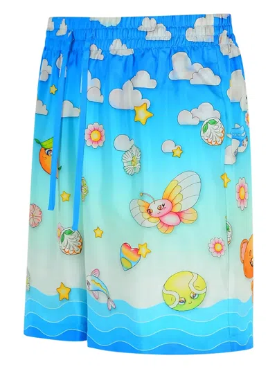 Casablanca Kawaii Silk Bermuda Shorts And Pockets In Blue