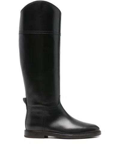 Brunello Cucinelli Brown Leather Boots With Shiny Detail In Black