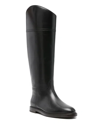 Brunello Cucinelli Brown Leather Boots With Shiny Detail In Black