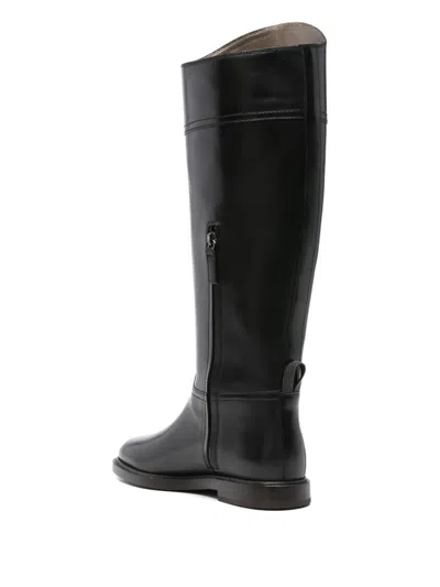 Brunello Cucinelli Brown Leather Boots With Shiny Detail In Black