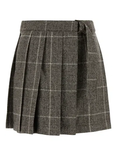 Brunello Cucinelli Mini Skirt With Belted Waist And Check Pattern In Gray