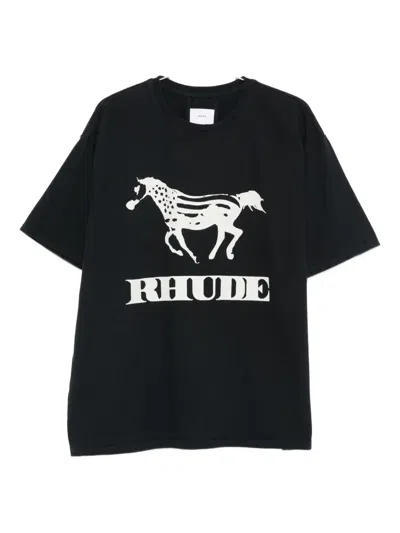 Rhude Crew Neck Short Sleeve Graphic Print T-shirt In Black