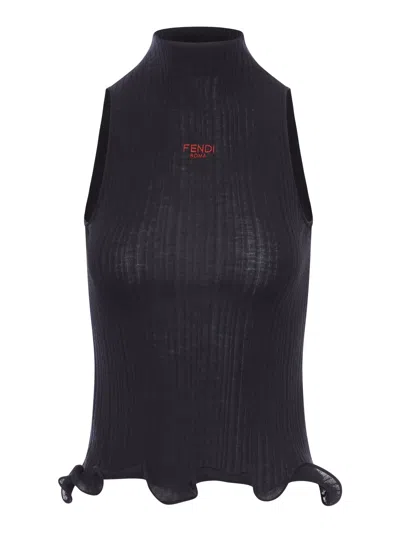 Fendi High Neck Fitted Sleeveless Top With Ruffles Clothing In Black