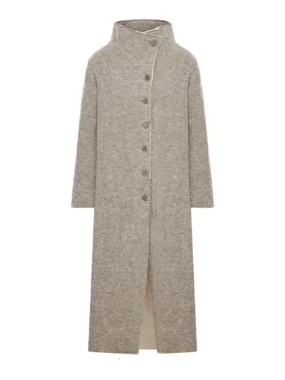 Transit Long Slim Fit Coat In Boiled Wool Knit In Brown