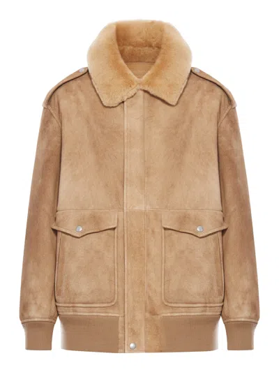 Prada Leather Jacket With Fur Collar And Epaulettes In Brown