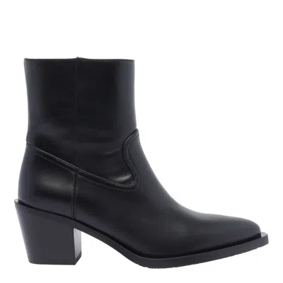 Stuart Weitzman Leather Block Heel Ankle Boots With Pointed Toe In Black