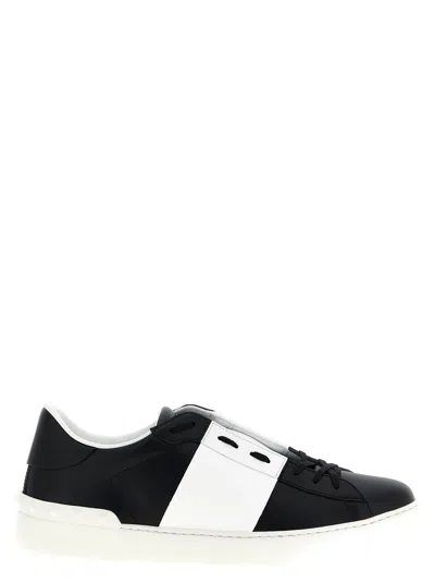 Valentino Garavani Black Leather Open Sneakers With White Band In Multi